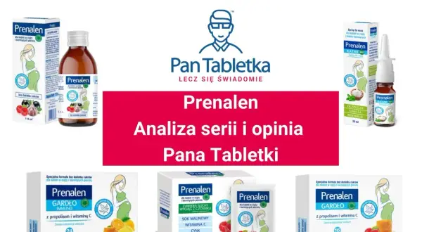 Zdjęcie przedstawia produkty Prenalen: syrop, spray do nosa oraz pastylki, przeznaczone dla kobiet w ciąży i karmiących.