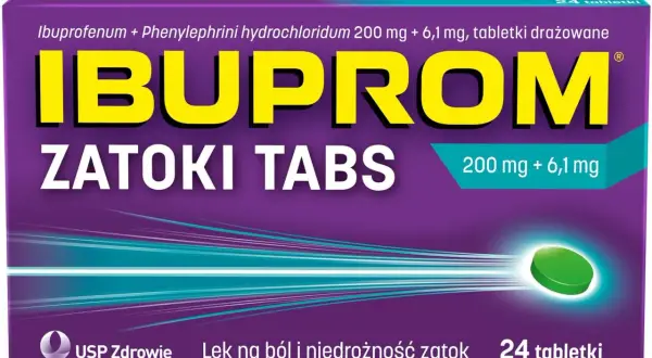 Opakowanie leku Ibuprom Zatoki Tabs z tabletką.