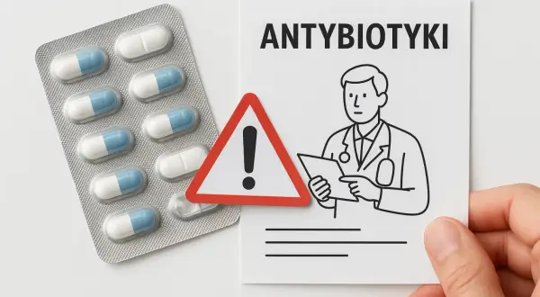 Opakowanie tabletek, znak ostrzegawczy z wykrzyknikiem i rysunek lekarza na kartce z napisem "ANTYBIOTYKI".