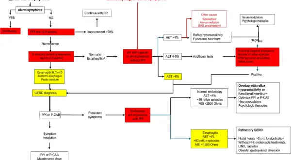 Schemat diagnostyczny GERD z podziałem na objawy typowe i pozaprzełykowe.