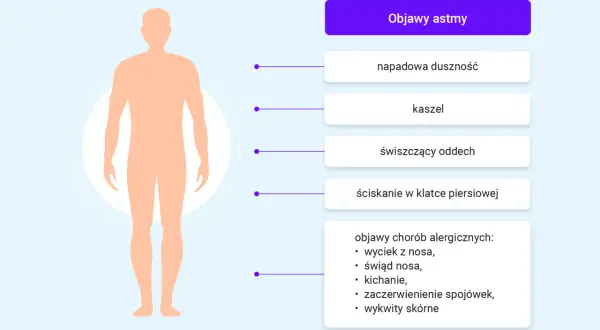 Nieleczona astma oskrzelowa objawy: duszność, kaszel, świszczący oddech, ucisk w klatce piersiowej. Alergia może nasilać objawy.
