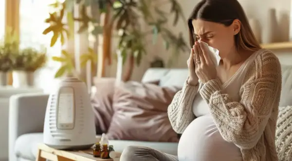 Ciężarna kobieta z chusteczką w dłoniach, siedząca na kanapie obok nawilżacza powietrza.