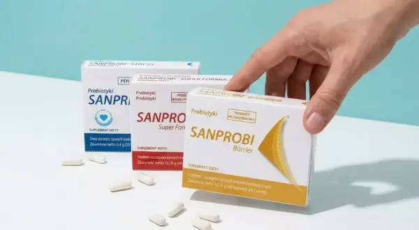 Dłoń sięga po opakowanie probiotyków SANPROBI Barrier. Na stole leżą też inne probiotyki dla dorosłych.