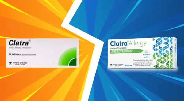 Dwa opakowania leku Clatra i Clatra Allergy na tle kolorowych pasów.