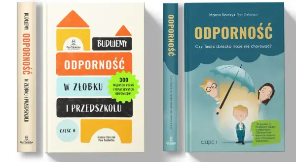 Okładki książek o budowaniu odporności u dzieci, jedna z klockami, druga z parasolem i dziećmi.