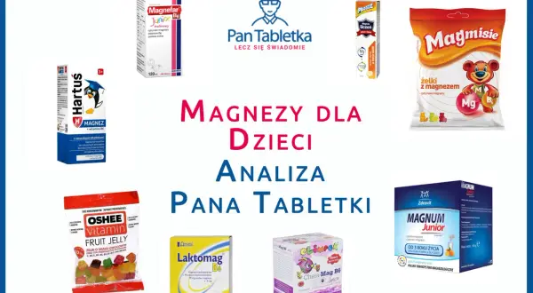 Kolaż opakowań suplementów magnezu dla dzieci: Magnefar Junior, Hartuś Magnez, Magmisie, OSHEE Fruit Jelly, Laktomag B6, Chela-Mag B6 Junior, Magnum Junior.