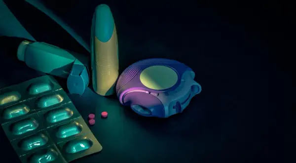 Inhalatory, blister z tabletkami i kilka tabletek na ciemnym tle.