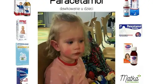 Mała dziewczynka z zaczerwienionymi policzkami obok opakowań leków, w tym paracetamol dla dzieci.
