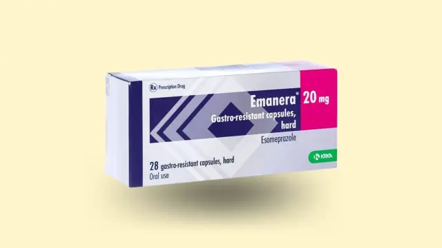Opakowanie leku Emanera 20 mg, zawierające 28 kapsułek gastroopornochłonnych.