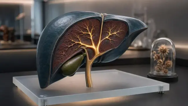 Model wątroby z widocznym pęcherzykiem żółciowym i naczyniami. Wnętrze organu rozświetlone, sugerujące procesy metaboliczne, jak przetwarzanie bilirubiny.