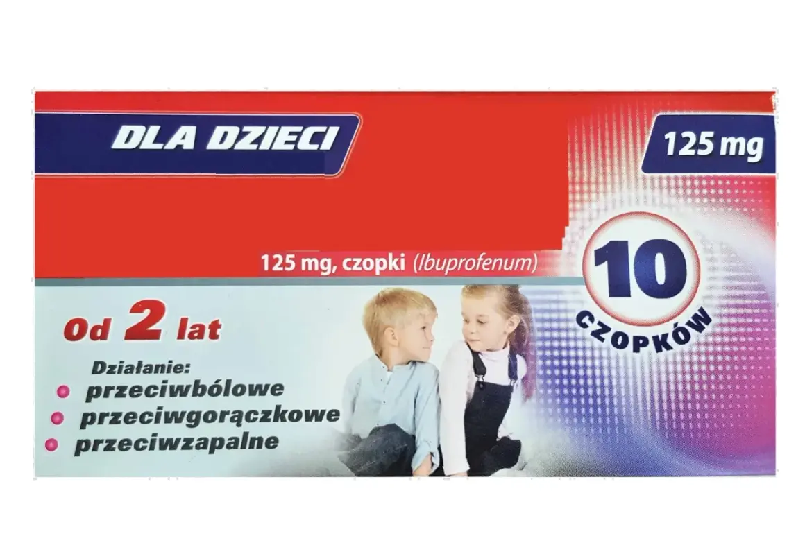 Opakowanie czopków dla dzieci 125 mg z wizerunkiem dwójki dzieci.