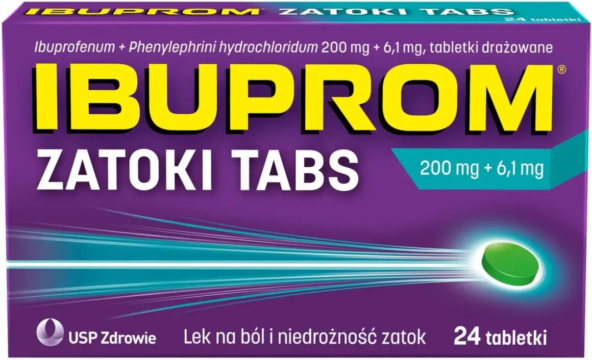 Opakowanie leku Ibuprom Zatoki Tabs z tabletką.