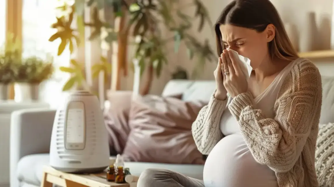 Ciężarna kobieta z chusteczką w dłoniach, siedząca na kanapie obok nawilżacza powietrza.
