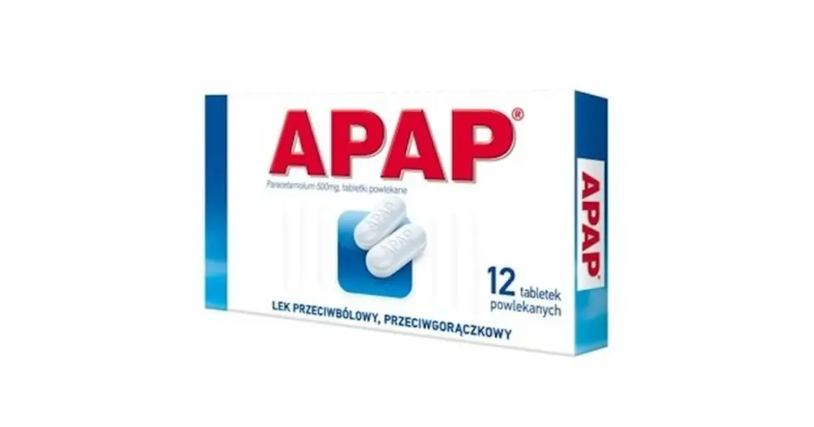 Opakowanie leku APAP z paracetamolem. Przed użyciem zapoznaj się z ulotką, by poznać potencjalne apap skutki uboczne.