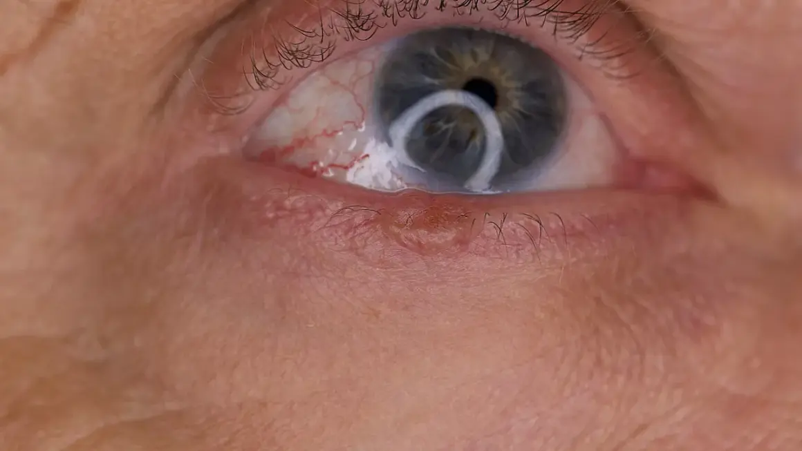 Widoczny kaszak na powiece dolnej, tuż pod rzęsami. Oko jest lekko zaczerwienione.