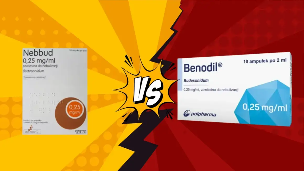 Dwa opakowania leków do nebulizacji: Nebbud i Benodil, z napisem "VS" pośrodku.