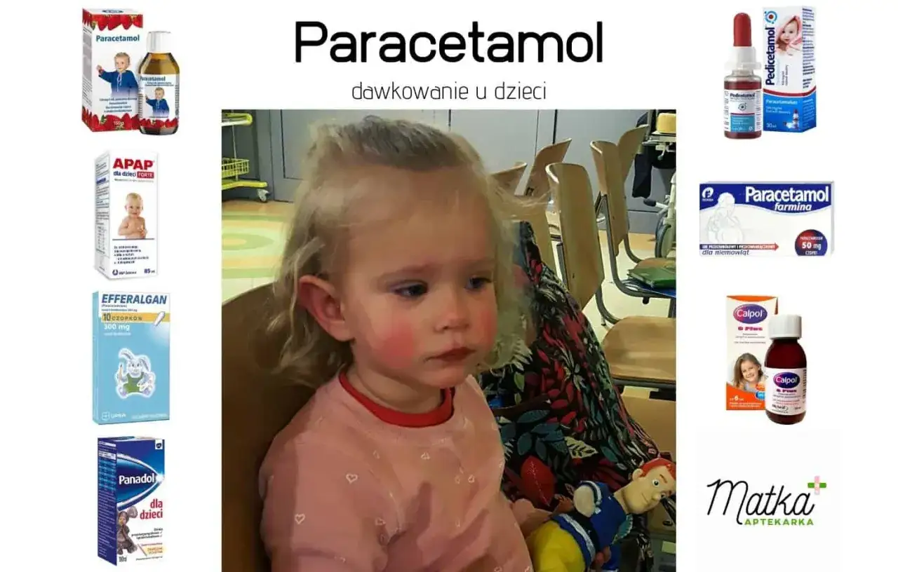 Mała dziewczynka z zaczerwienionymi policzkami obok opakowań leków, w tym paracetamol dla dzieci.