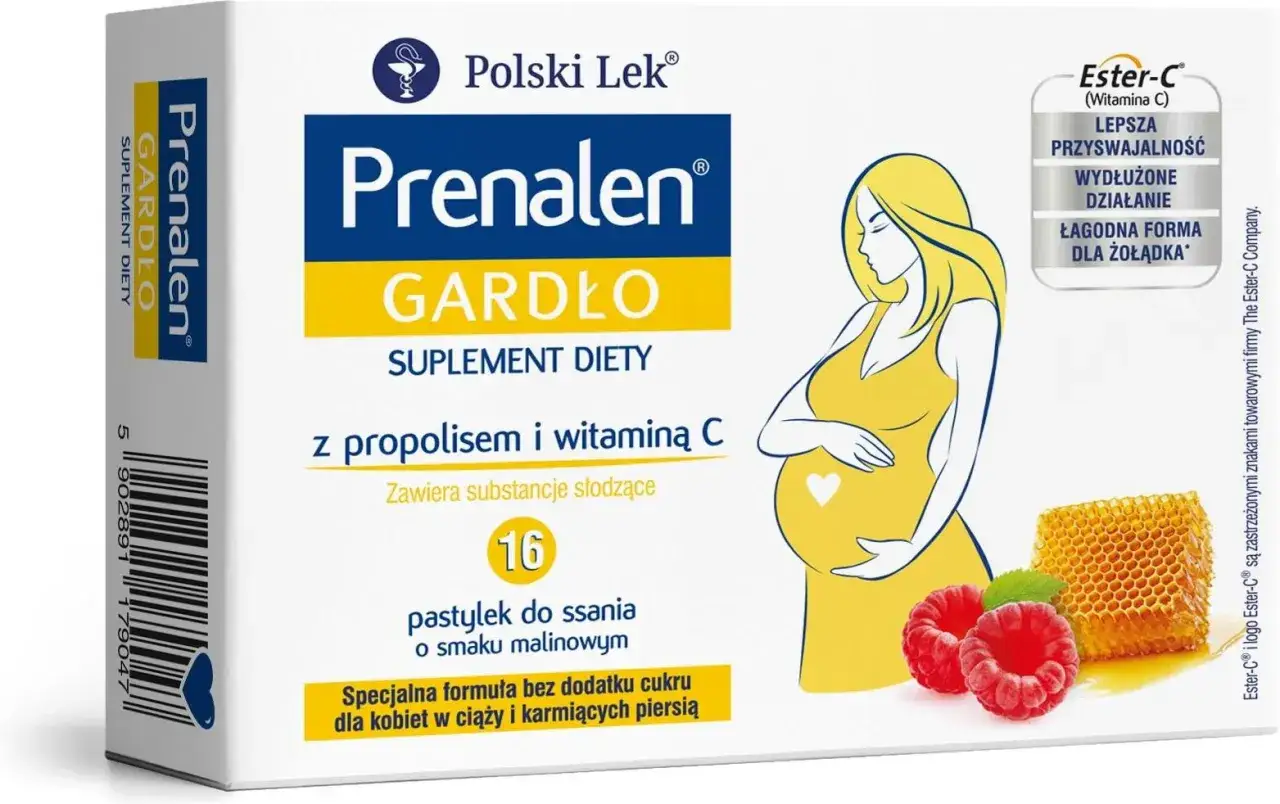 Prenalen Gardło: suplement diety dla kobiet w ciąży. Pastylki z propolisem i witaminą C, malinowe.