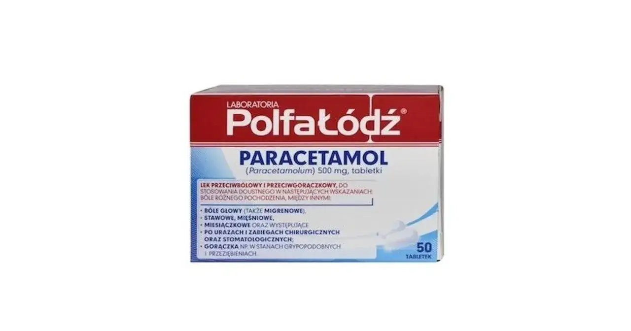 Opakowanie leku Polfa Łódź Paracetamol 500 mg. W ulotce znajdziesz informacje o wskazaniach, dawkowaniu i potencjalnych apap skutki uboczne.