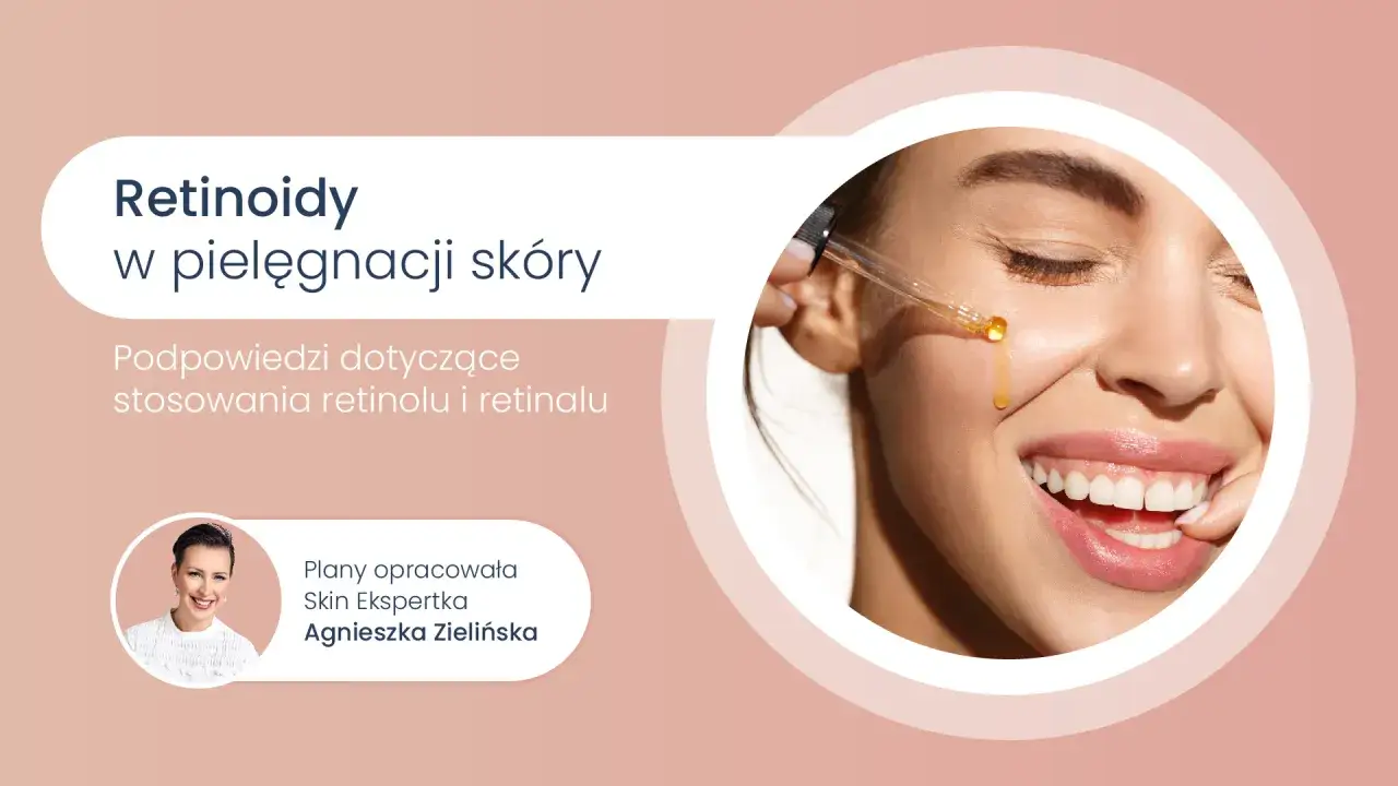 Kobieta z uśmiechem aplikuje serum z retinolem na twarz. Porady dotyczące pielęgnacji skóry z użyciem retinoidów.