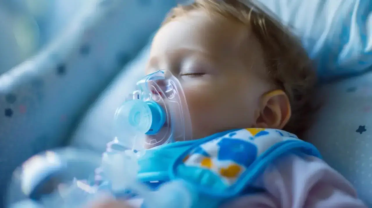 Śpiące niemowlę z maseczką do inhalacji. Delikatne inhalacje dla niemowlaka pomagają mu oddychać swobodnie.