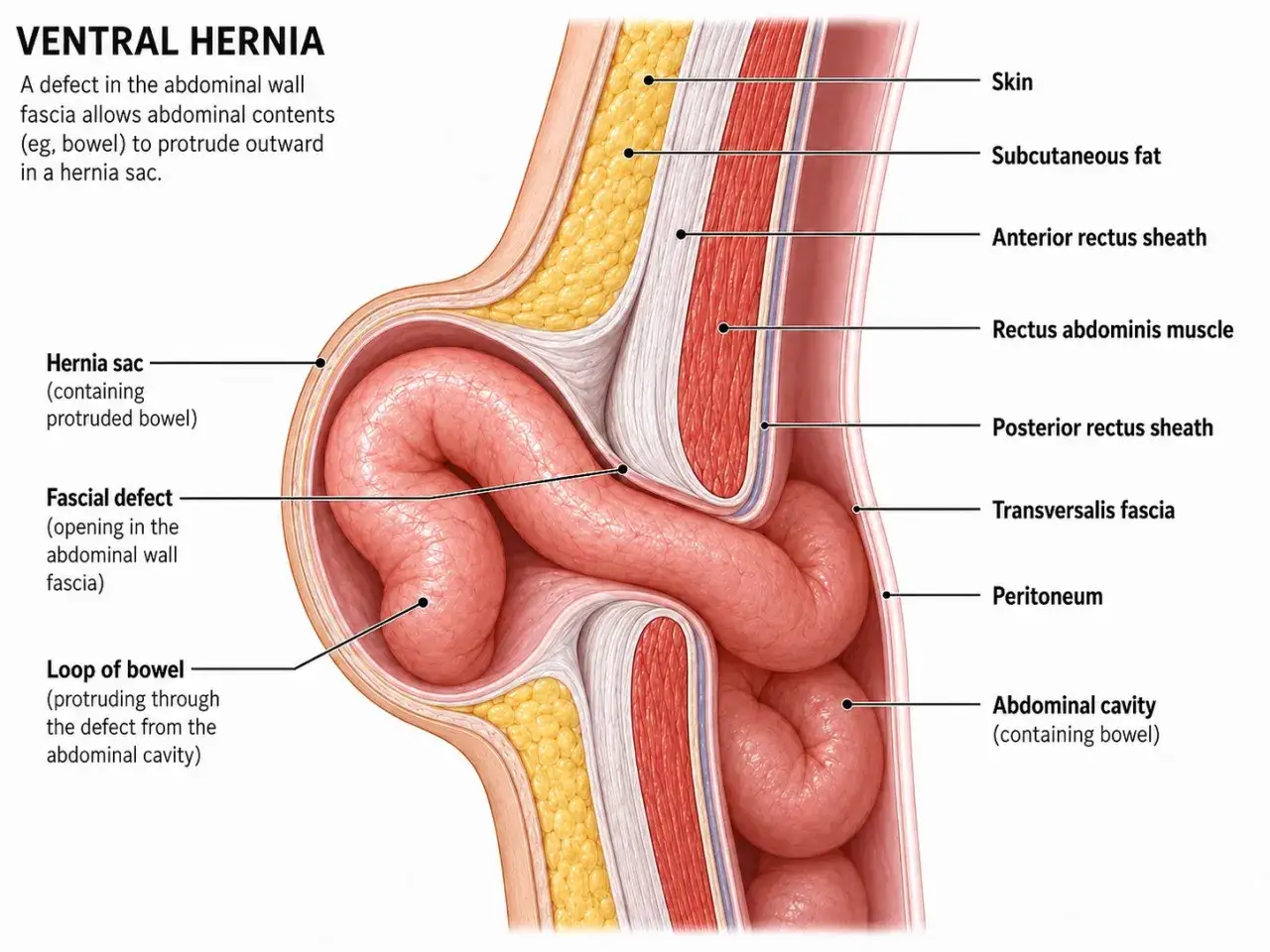 Przekrój anatomiczny jamy brzusznej ukazujący przepuklinę brzuszną, gdzie pętla jelita uwypukla się przez ubytek powięzi.