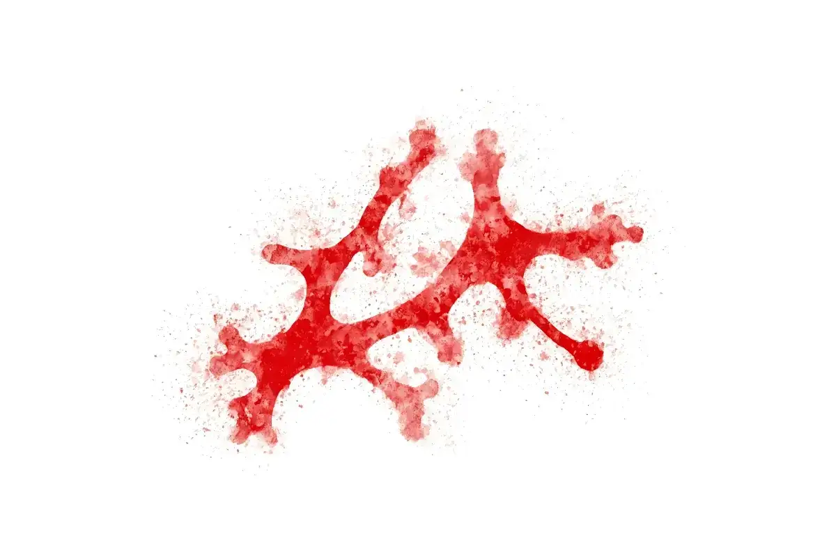 Czerwony, rozgałęziony kształt przypominający komórkę lub strukturę tkanki, symbolizujący eozynofile podwyższone.
