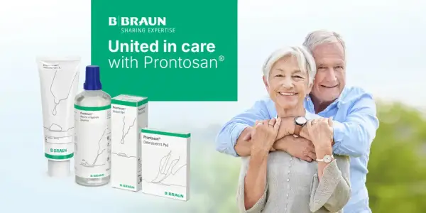 Produkty Prontosan: żel, płyn do irygacji, pad. Uśmiechnięta para seniorów.