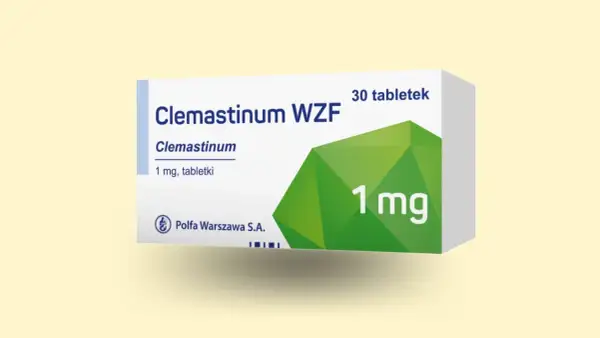 Opakowanie leku Clemastinum WZF 1 mg, 30 tabletek, z zielonym symbolem.