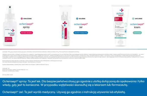 Octenisept spray i żel do odkażania ran. Spray jest lekiem, a żel wyrobem medycznym.