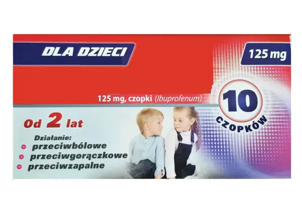 Opakowanie czopków dla dzieci 125 mg z wizerunkiem dwójki dzieci.