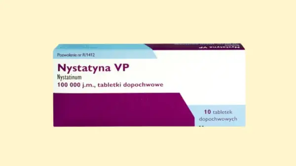 Opakowanie leku Nystatyna VP, zawierające 10 tabletek dopochwowych.