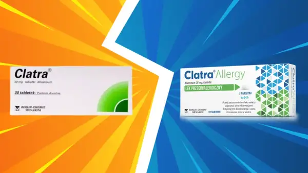 Dwa opakowania leku Clatra i Clatra Allergy na tle kolorowych pasów.
