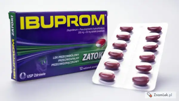 Opakowanie leku Ibuprom Zatoki i blister z tabletkami.