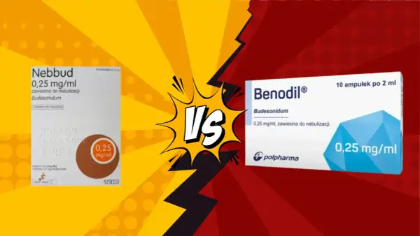 Dwa opakowania leków do nebulizacji: Nebbud i Benodil, z napisem "VS" pośrodku.