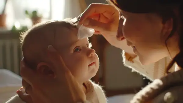 Delikatne przemywanie oczu noworodka. Mama z miłością troszczy się o swoje maleństwo, tworząc ciepłą, rodzinną chwilę.